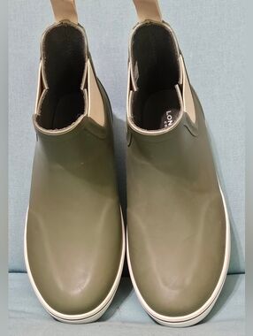 London Fog Olive Green Ankle Slip-On Rain Boots with White Trim